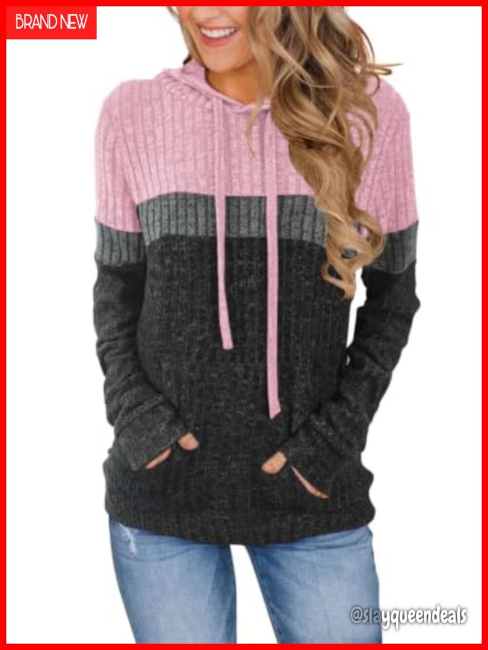 Women's Color Block Knit Hoodie Long Sleeve Pullover Sweater with Pocket